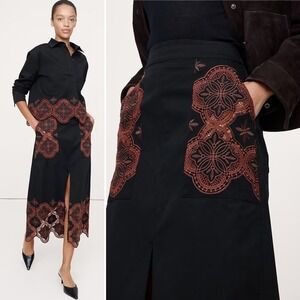 NWT Banana Republic Embroidered Midi Skirt Size 12 Black Brown Pockets High Rise